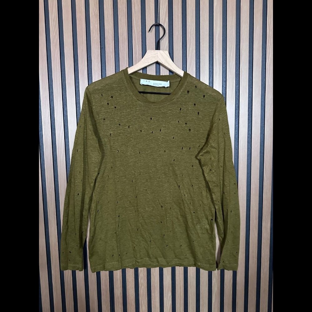 IRO Sweater Small Green Heather Destroyed Pullover Crewneck Ripped 100% Linen